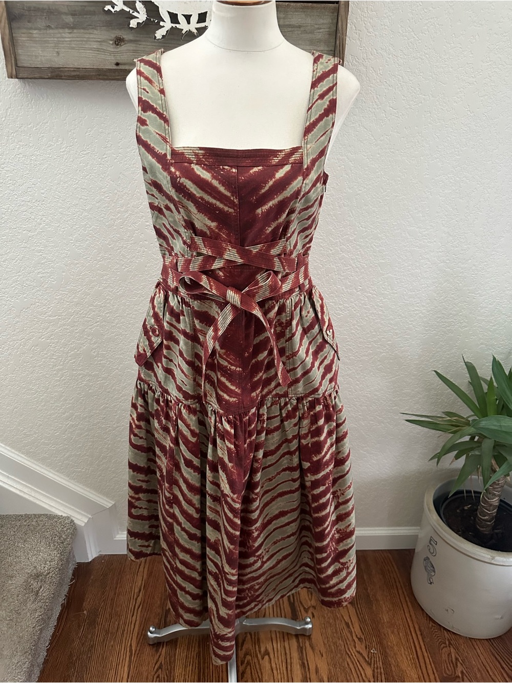 Ulla Johnson Sleeveless Red and Cream Striped Midi Dress with Waist Tie size 6
